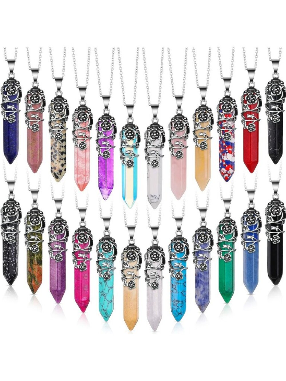24 Pcs Healing Crystal Necklaces - Hexagonal Quartz Point Pendants for Women